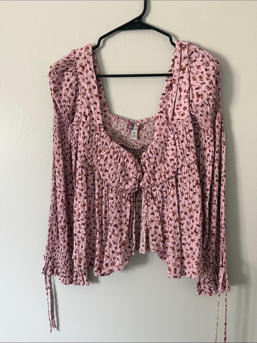 Urban Outfitters Pink Floral Tie-Front Long Sleeve Blouse